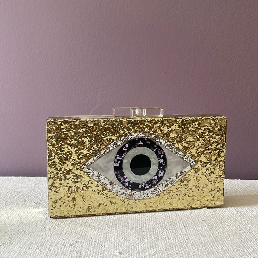 Shaughnessy New York SSY rigid clutch with glitter confetti and evil eye